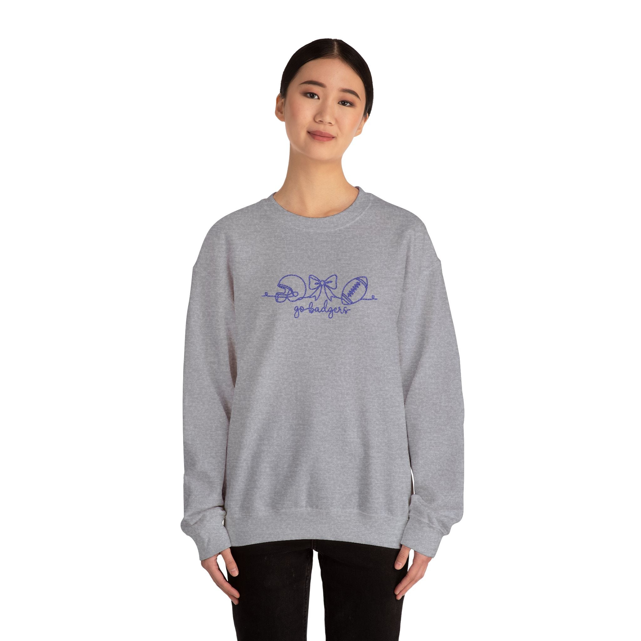 Embroidered Go Badgers Football Bow Script Cozy Sweatshirt, Bennington  Team Fan Apparel, Gildan Crewneck, Game Day Spirit