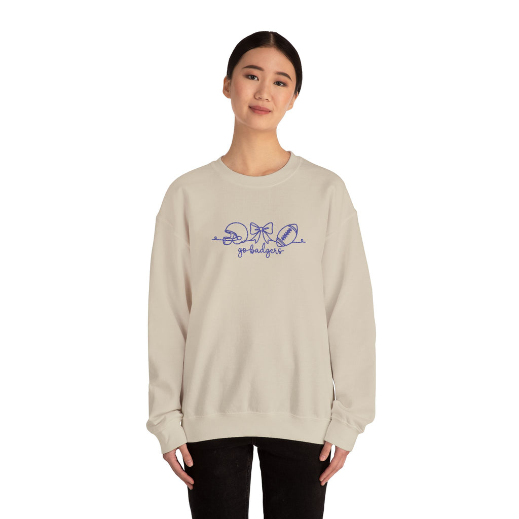 Embroidered Go Badgers Football Bow Script Cozy Sweatshirt, Bennington  Team Fan Apparel, Gildan Crewneck, Game Day Spirit