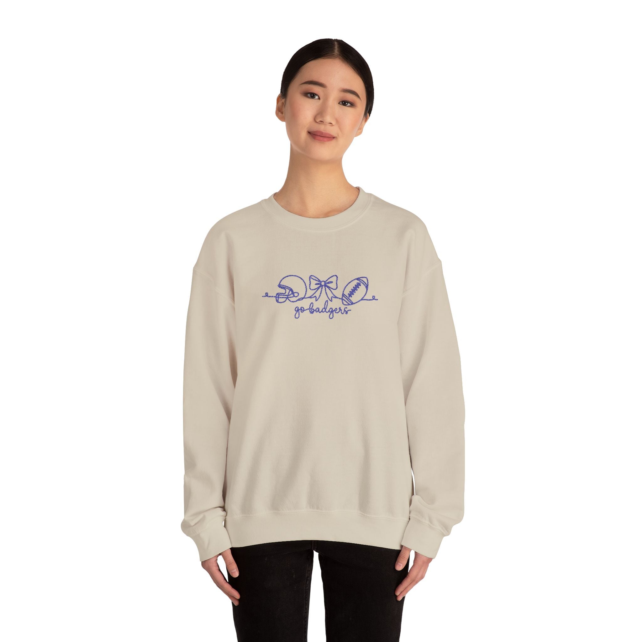 Embroidered Go Badgers Football Bow Script Cozy Sweatshirt, Bennington  Team Fan Apparel, Gildan Crewneck, Game Day Spirit