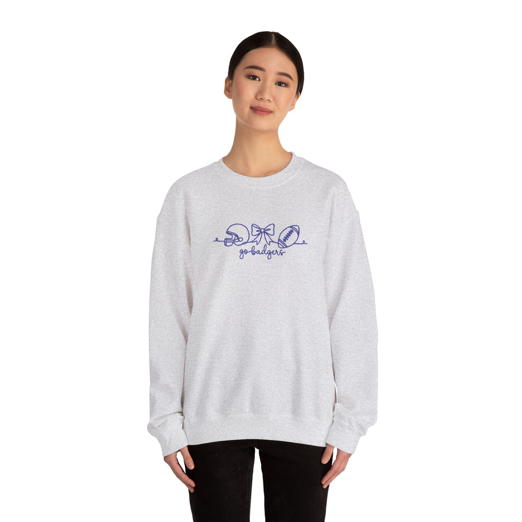 Embroidered Go Badgers Football Bow Script Cozy Sweatshirt, Bennington  Team Fan Apparel, Gildan Crewneck, Game Day Spirit